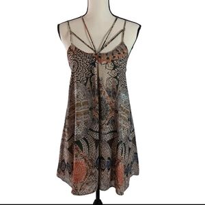 E. Leigh's Bohemian Feather Print Short Strappy Sleeveless Mini Dress, Small